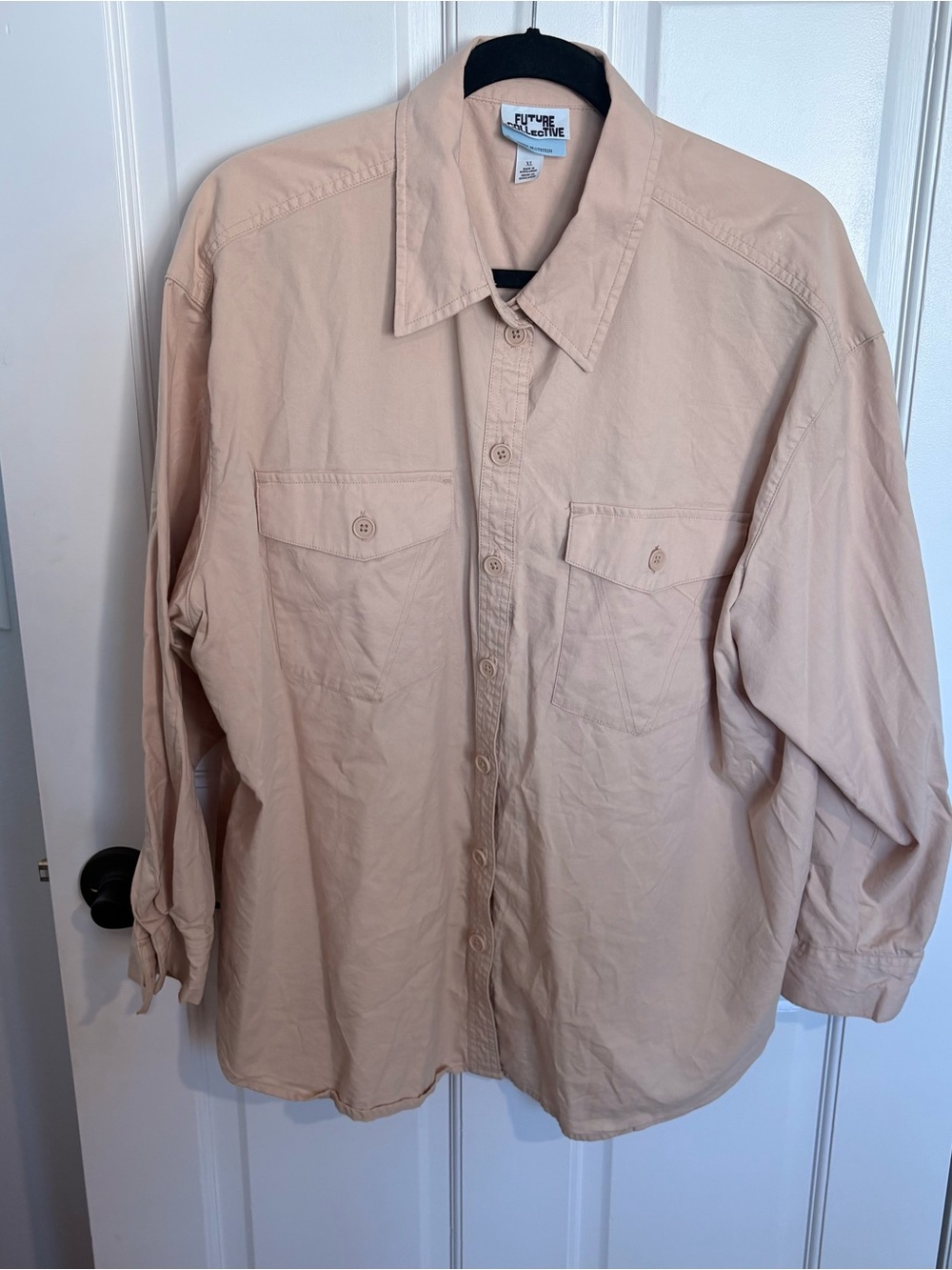 Future Collective Button Down Womens long sleeve Blouse Neutral Tan Collared top